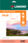 Лицевая сторона: Матовая (Warm). Обратная сторона: Не используется.<br>Формат A4 (210 x 297 мм.), Плотость 240 г/м<SUP>2</SUP>. 50 листов.<br>Для струйной печати. Водорастворимые и Пигментные чернила.<br>Максимальное разрешение печати 2880 dpi.